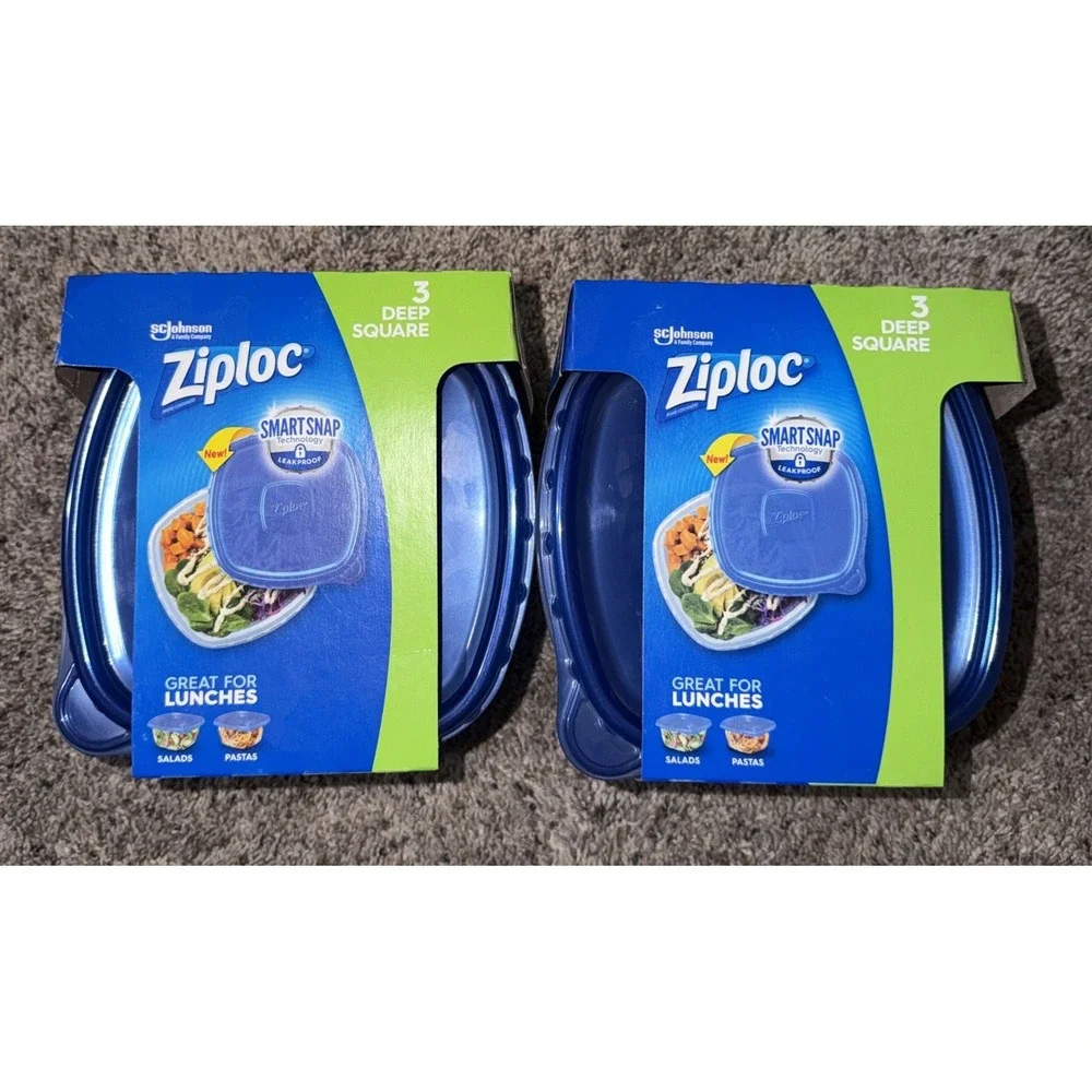 2 New Ziploc Plastic Food Storage Containers, Deep Square, 3 Count, Clear 1.25qt